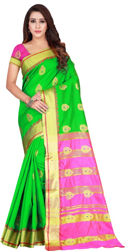 Leeza Store Woven, Floral Print Kanjivaram Art Silk Saree(Green)
