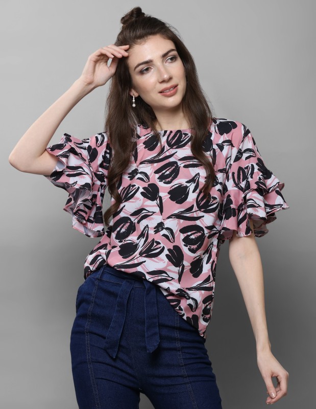 Selvia Casual Layered Sleeve, Flared Sleeve Floral Print Women Pink Top