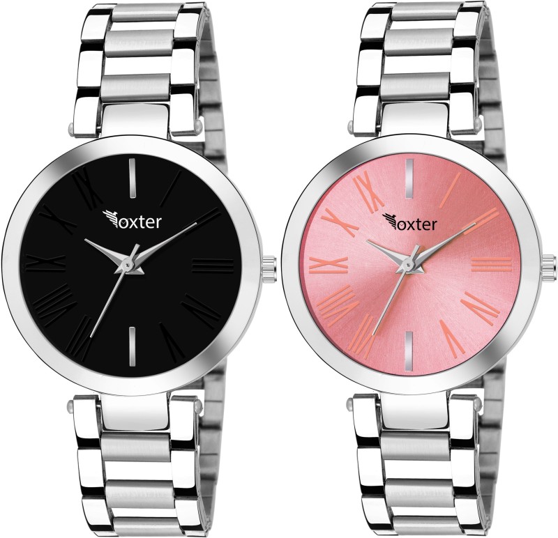 FOXTER Black and Pink Pack of 2 Stainless Steel Stylish Girls Watch...