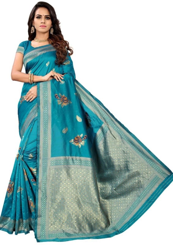 kapadiya fab Floral Print Banarasi Pure Silk Saree(Light Blue)