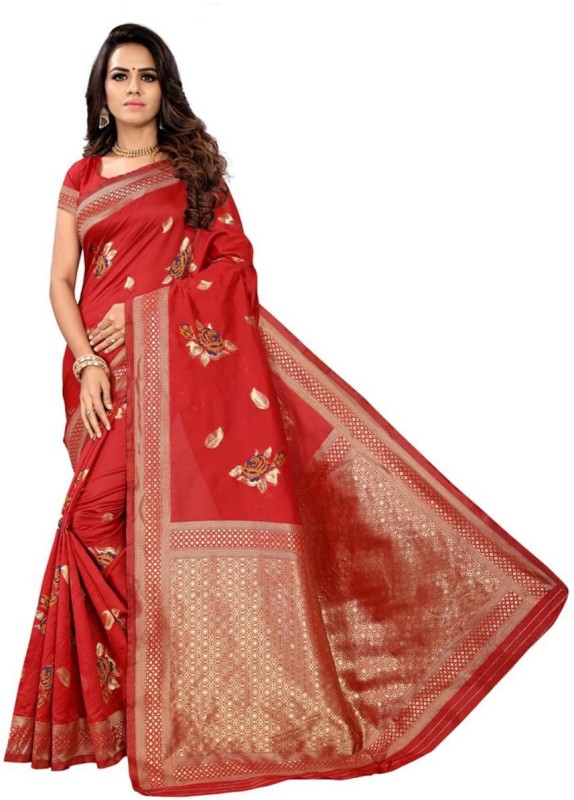 kapadiya fab Floral Print Banarasi Pure Silk Saree(Red)