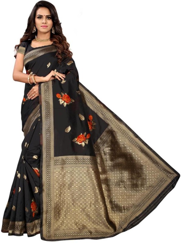 kapadiya fab Floral Print Banarasi Pure Silk Saree(Black)