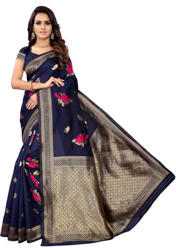kapadiya fab Floral Print Banarasi Pure Silk Saree(Dark Blue)