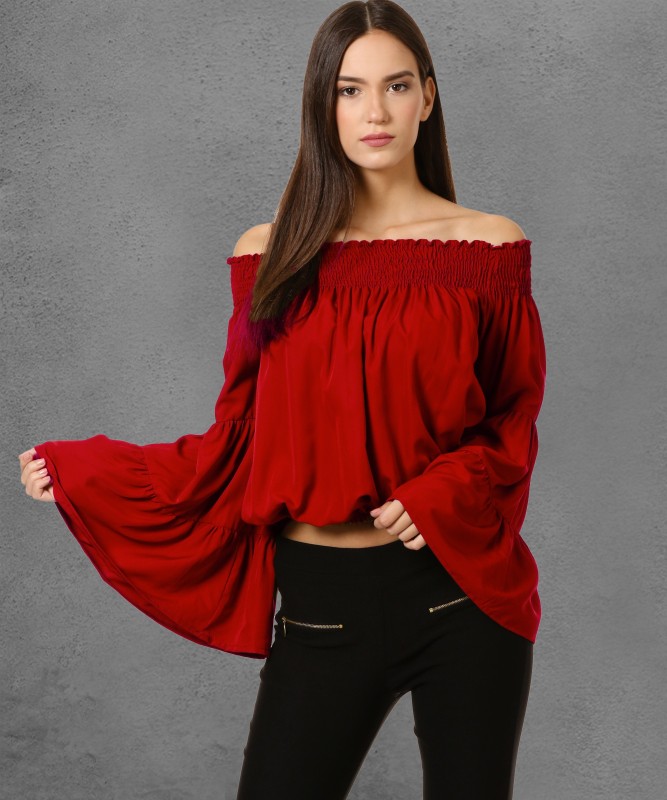 Oomph! Casual Bell Sleeve Solid Women Red Top