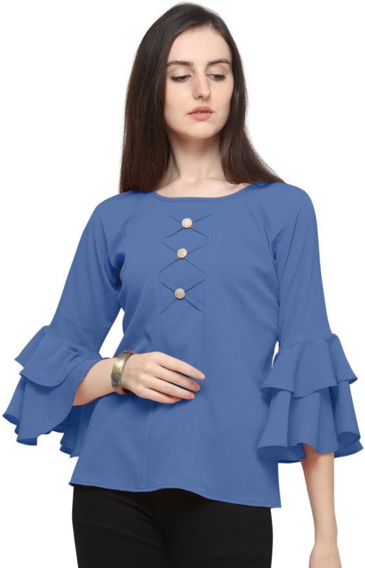 J B Fashion Casual Layered Sleeve Self Design Women Blue Top