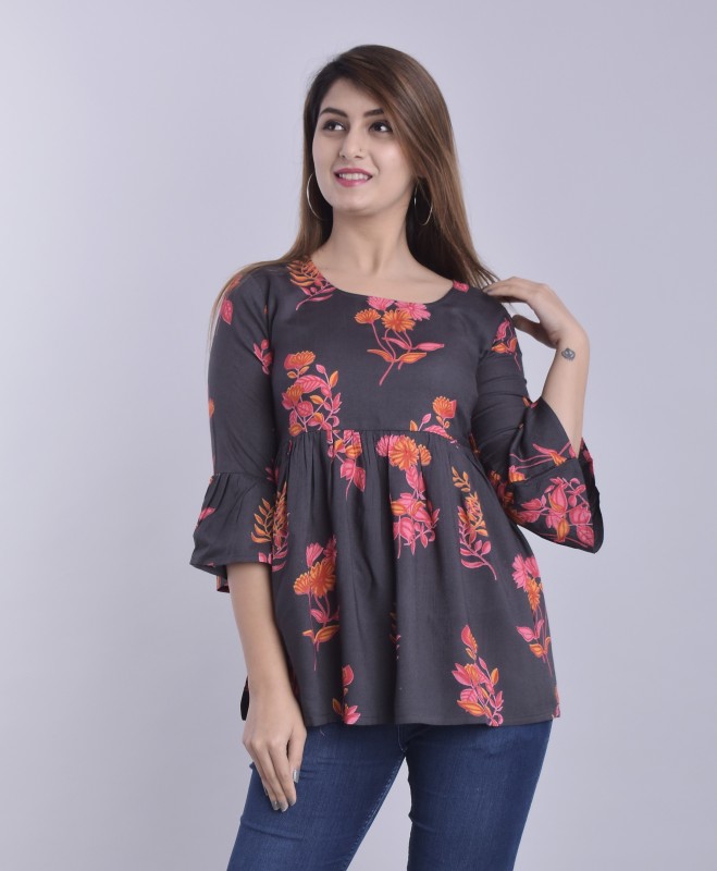 BOSQUE Casual Bell Sleeve Floral Print Women Multicolor Top