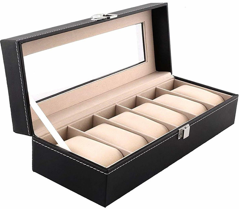 DI GRAZIA Watch Storage Box, 6 Watch Organiser Portable Travel Box with Glass Lid (Black, Black-6watch-Leather-Box) Watch Box(Black, Holds 6 Watches)