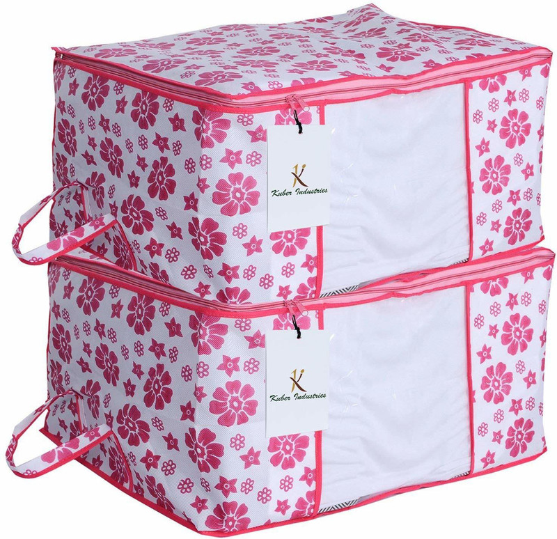KUBER INDUSTRIES Underbed Storage Bag Underbed Storage Bag,Storage Organiser,Blanket Cover Set of 2 Pcs - Pink Flower Design (Extra Large Size) CTGTC034561(Pink)