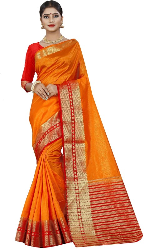 Khodaldham Fashion Woven Kanjivaram Satin Blend Saree(Yellow)