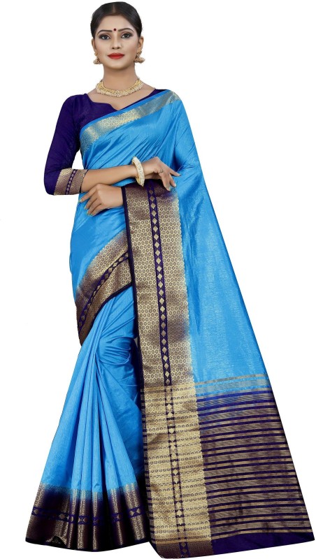 Khodaldham Fashion Woven Kanjivaram Satin Blend Saree(Dark Blue)