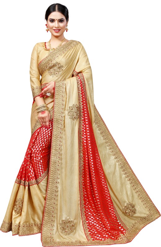 Krishna R fashion Woven Bollywood Jacquard, Art Silk Saree(Red, Gold)