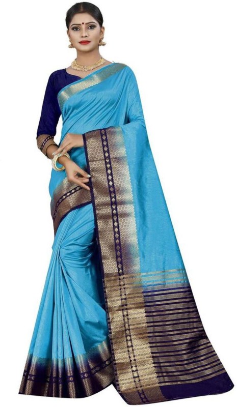 Khodaldham Fashion Woven Kanjivaram Satin Blend Saree(Blue)