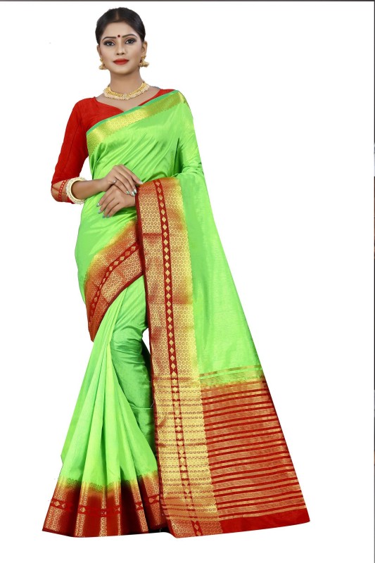 Khodaldham Fashion Woven Kanjivaram Satin Blend Saree(Multicolor)