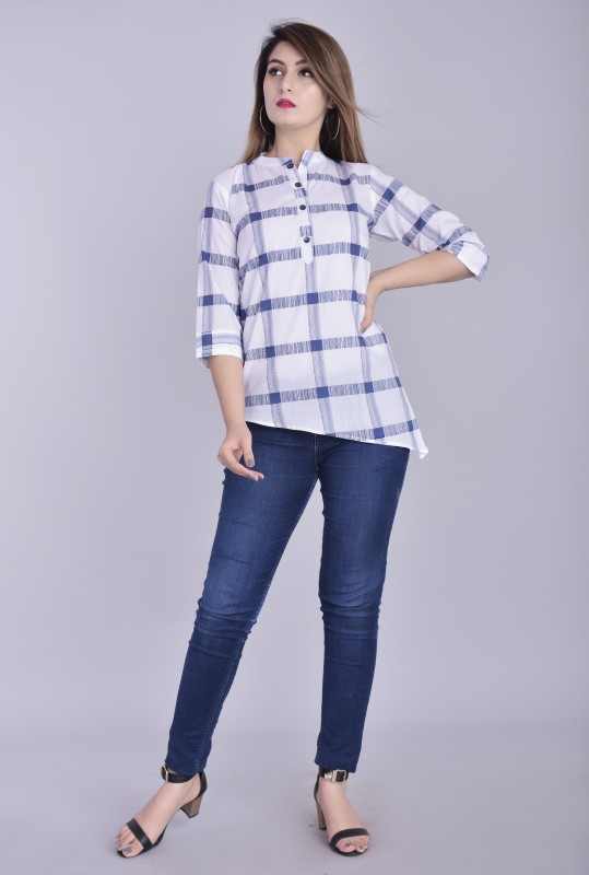 Blezza Party 3/4 Sleeve Checkered Women White, Blue Top