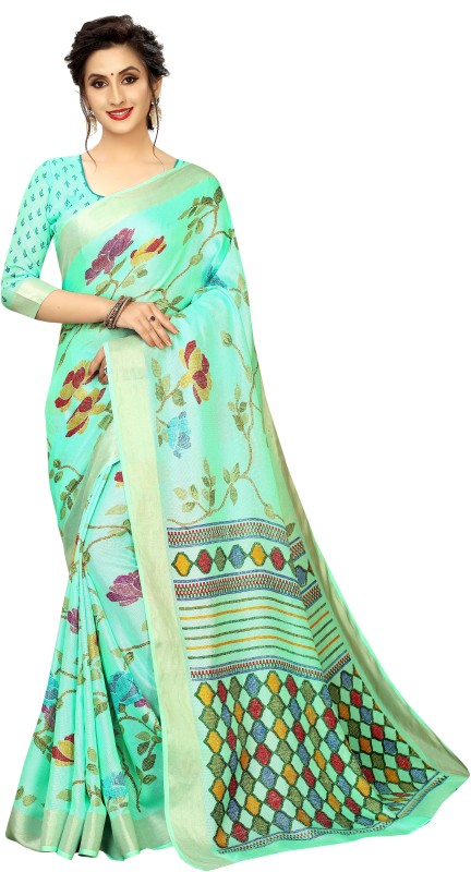 Heny Enterprise Printed Bollywood Cotton Linen Blend Saree(Light Blue)