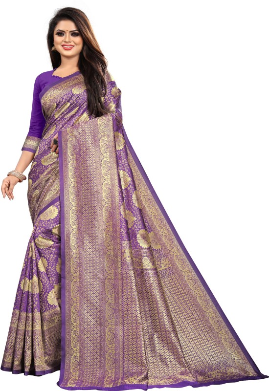 VOLGI FASHION Woven Kanjivaram Jacquard, Cotton Silk Saree(Purple)