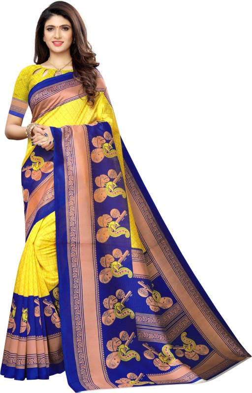 Samah Printed Kanjivaram Poly Silk, Cotton Silk Saree(Multicolor, Blue, Yellow)