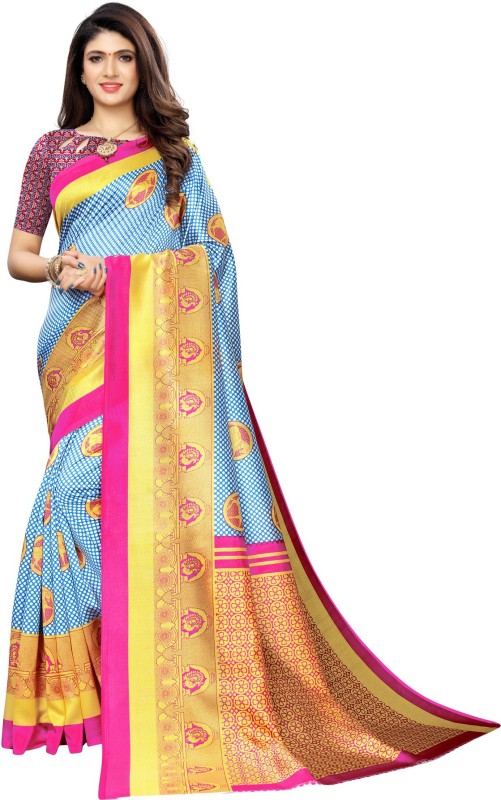 Samah Printed Kanjivaram Poly Silk, Cotton Silk Saree(Gold, Blue, Pink)