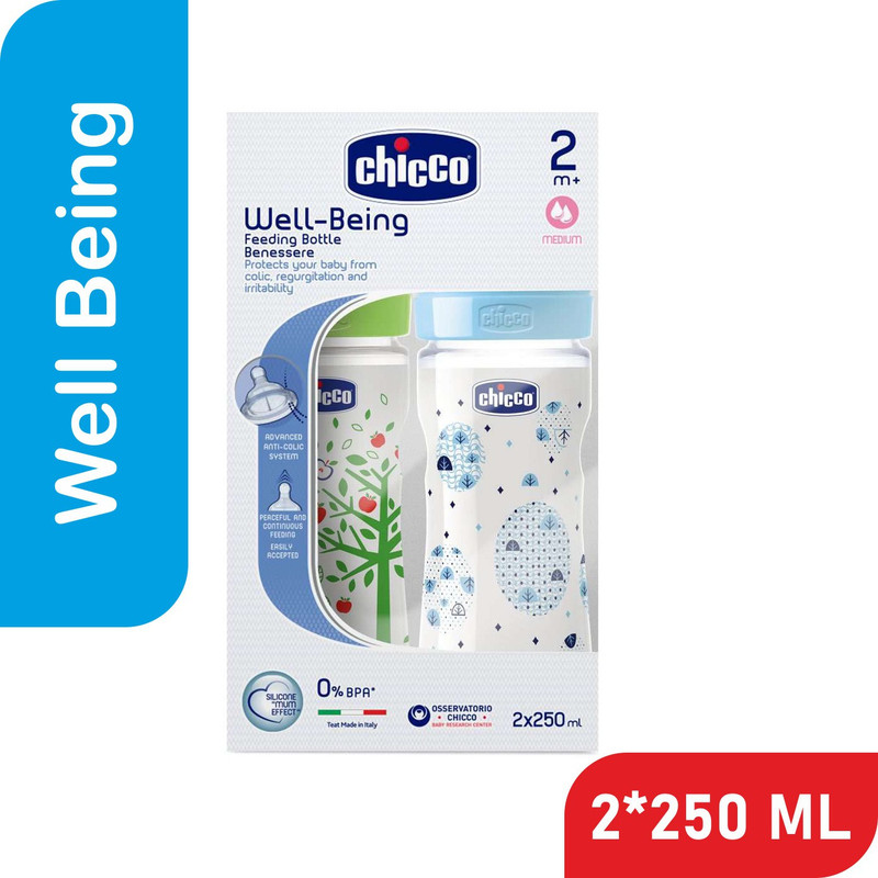 Chicco WellBeing Medium Flow Feeding Bottle - 250 ml(Blue, Green)
