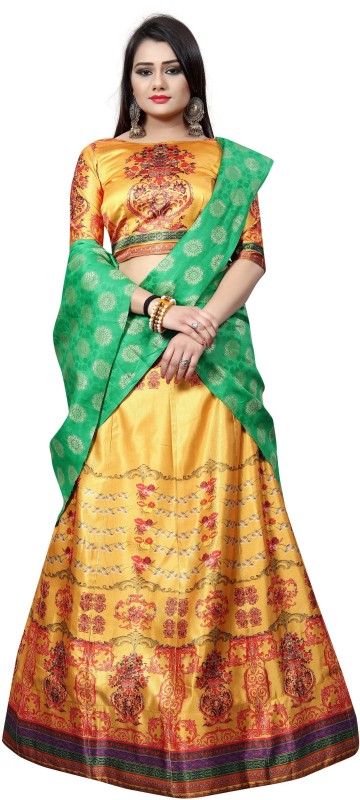 foogfab Printed Semi Stitched Lehenga, Choli and Dupatta Set(Red, Green, Yellow)
