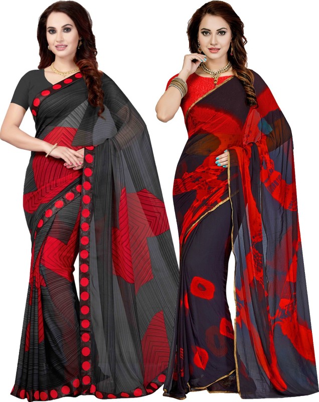 Ishin Printed Daily Wear Poly Georgette Saree(Pack of 2, Grey)