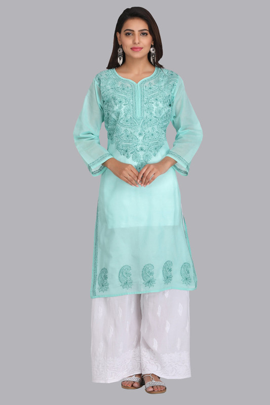 Ada Women Chikan Embroidery, Embroidered Straight Kurta(Green) Ada Women Chikan Embroidery, Embroidered Straight Kurta(Green)