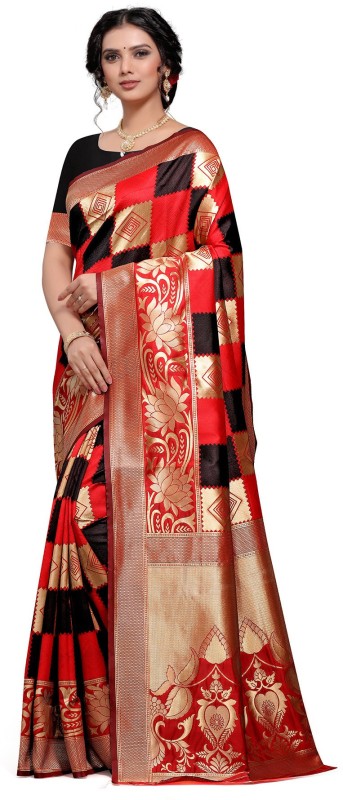 Vardan Ethnic Woven Banarasi Silk Blend Saree(Red, Black)