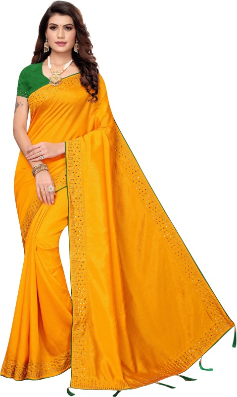 PINK WISH Embellished Bollywood Cotton Blend, Pure Silk Saree(Yellow)