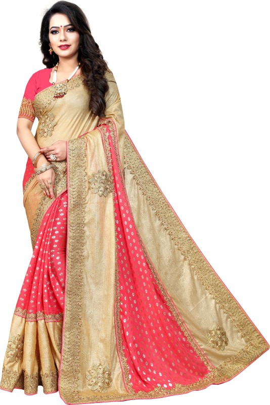 Krishna R Fashion Embellished Fashion Jacquard, Art Silk Saree(Gold, Pink)