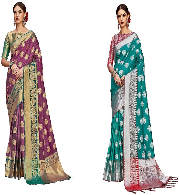 2211 THE FASHION HUB Woven Banarasi Silk Blend Saree(Pack of 2, Purple,...