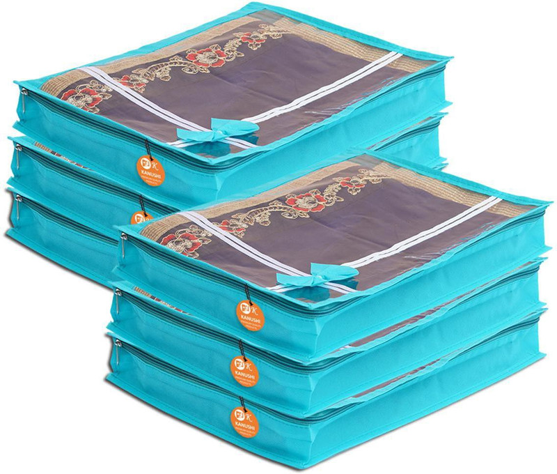KANUSHI Set Of 6 Pcs Flower Design Transparent Saree Covers / Saree Bags With Stainless Steel Zip Lock Combo (Large)(Light Green)