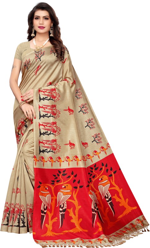 SareeSell Printed Mysore Silk Blend Saree(Beige)