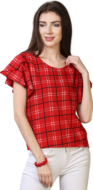 Oomph! Casual Butterfly Sleeve Checkered Women Red Top Oomph! Casual Butterfly Sleeve Checkered Women Red Top