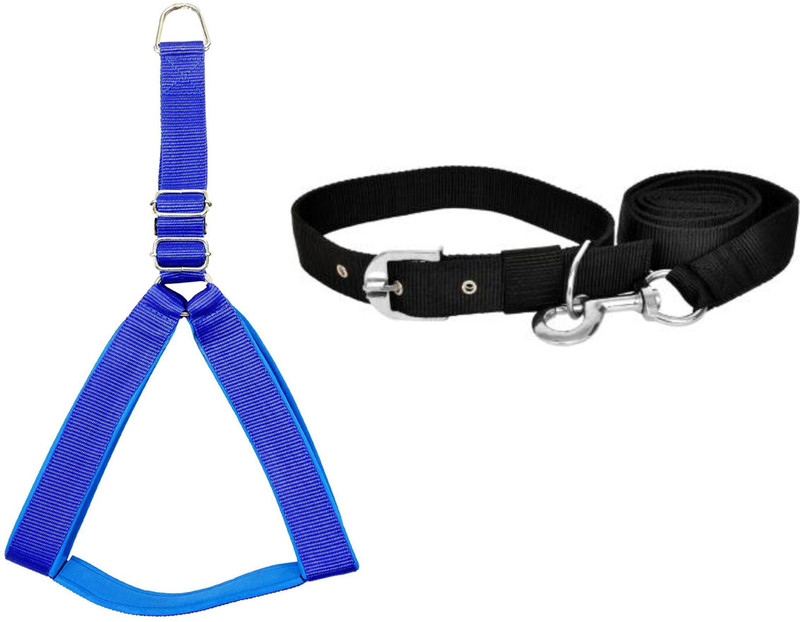 ADIOS Combo of 1 inch Red-Blue Feather Padded Dog Body Cross Harness with Red Lead 1.5m lengthy Dog Harness & Leash(Medium, black-blue)