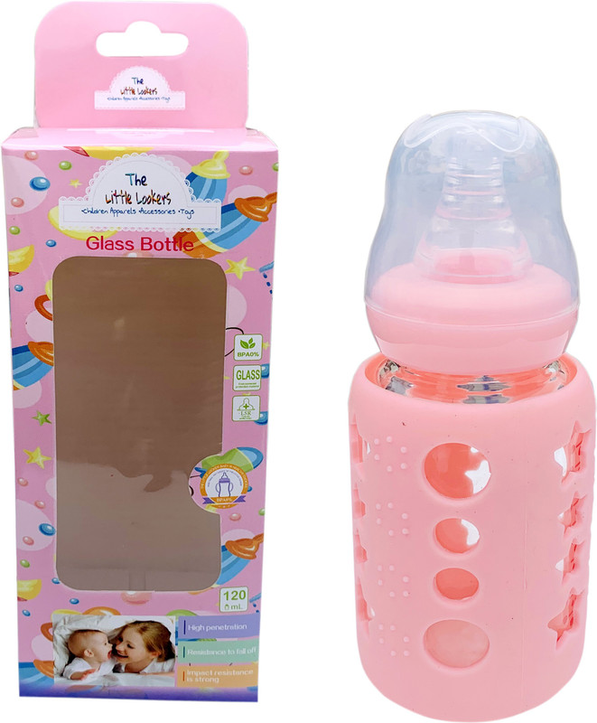 The Little Lookers Glass Feeding Bottle for Newborns/Infants/Babies | With Silicone Warmer Cover ('PINK', 120 ML) - 120 ml(Pink)