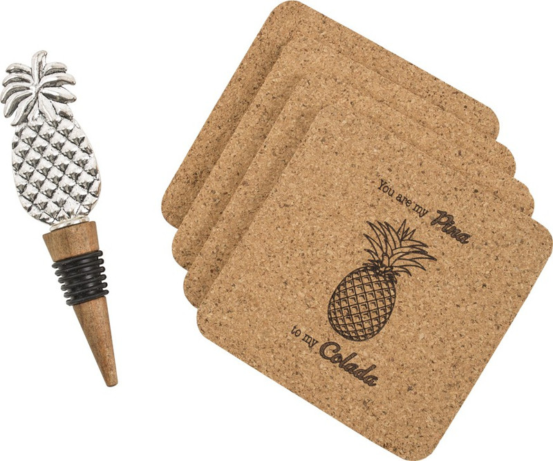 Chumbak Pineapple Party Gift Set With 4 Coasters And A Wine Stopper Silver, Wooden Bottle Stopper(Brown)