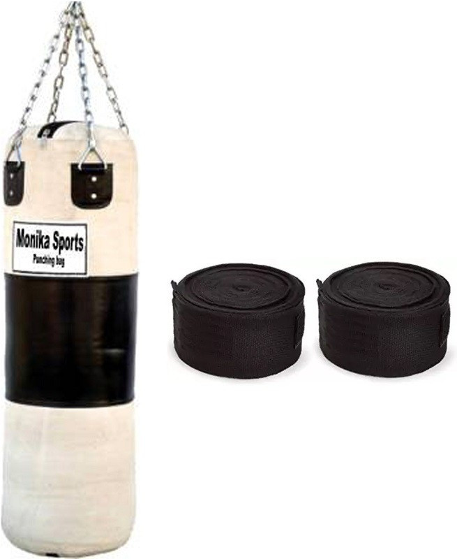 Monika Sports 3 Feet Long Heavy canvas punching Bag with Pair of Boxing Handwrap Boxing Kit