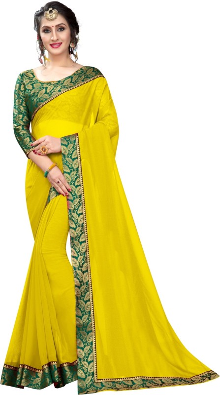 K.C Solid Daily Wear Georgette, Chiffon Saree(Green, Yellow)