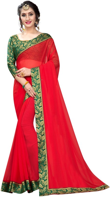 K.C Solid Daily Wear Georgette, Chiffon Saree(Red, Green)