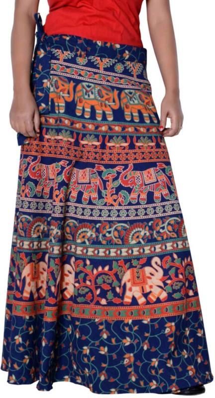 Rajvila Printed Women Wrap Around Blue Skirt