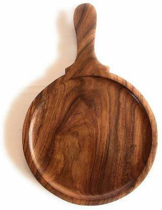 natureCrafts Wooden Round Pizza Plate with Handle, Cutting Board, Food Paddle Serving Tray | 9 Inch Tray Pizza Tray (Pizza Tray) Pizza Tray(Microwave Safe)