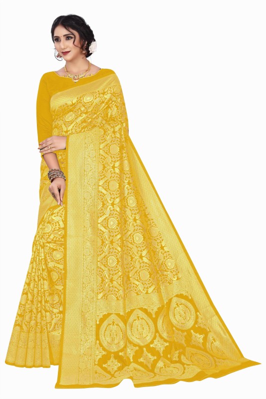 Gymfy Printed, Applique, Floral Print, Solid Bollywood Jacquard, Cotton Silk Saree(Mustard)