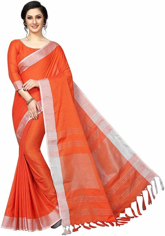 RadadiyaTRD Self Design, Woven, Solid Bollywood Cotton Linen Blend Saree(Orange)