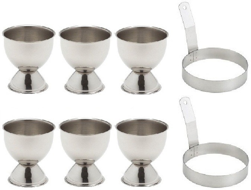 Dynore Stainless Steel Set of 2 Round Egg Ring with Handle and Set of 6 Egg Cups Stainless Steel Egg Separator Set(Steel, Pack of 8)