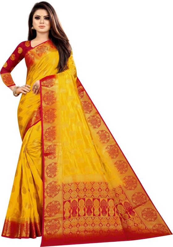 ZUUL Self Design, Embellished Banarasi Pure Silk, Organic Cotton Blend Saree(Yellow)