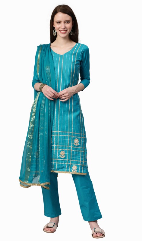 Satrani Cotton Dyed, Embellished, Embroidered Salwar Suit Material(Unstitched)
