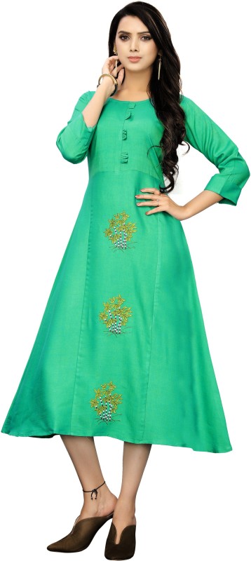 Fashion Reloader Women Embroidered Flared Kurta(Green)