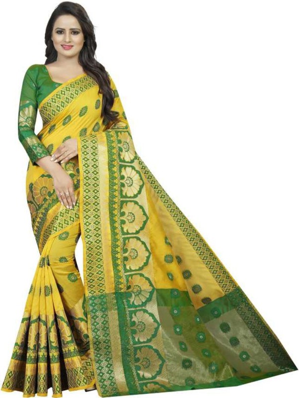 RIMISHA ETHINIC Woven Banarasi Cotton Silk Saree(Gold, Yellow)