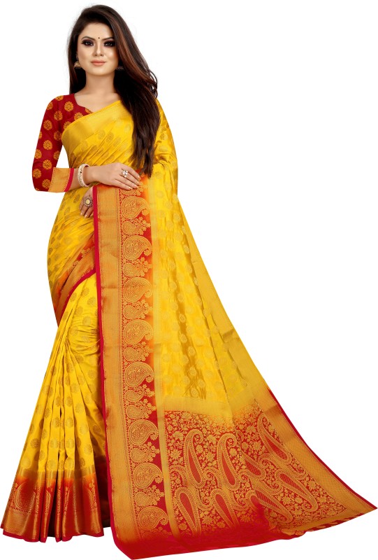 ZUUL Self Design, Embellished Banarasi Organic Cotton Blend Saree(Yellow)