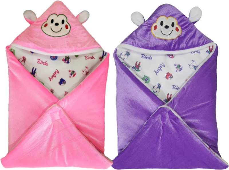 BRANDONN Printed Single Hooded Baby Blanket for  AC Room(Poly Cotton, Pink , Purple)